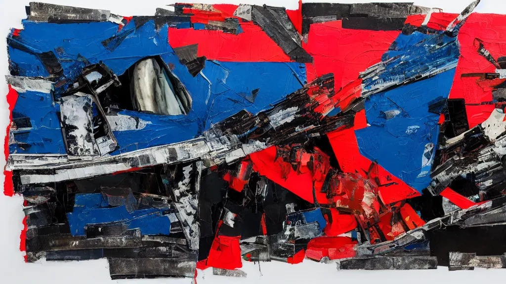 Prompt: lowrider crash test, collage paper and tape, black, blue, acid and red oil, acrylic on canvas, expressionism, high resolution, cinematic, unreal 6 breathtaking detailed, by blake neubert