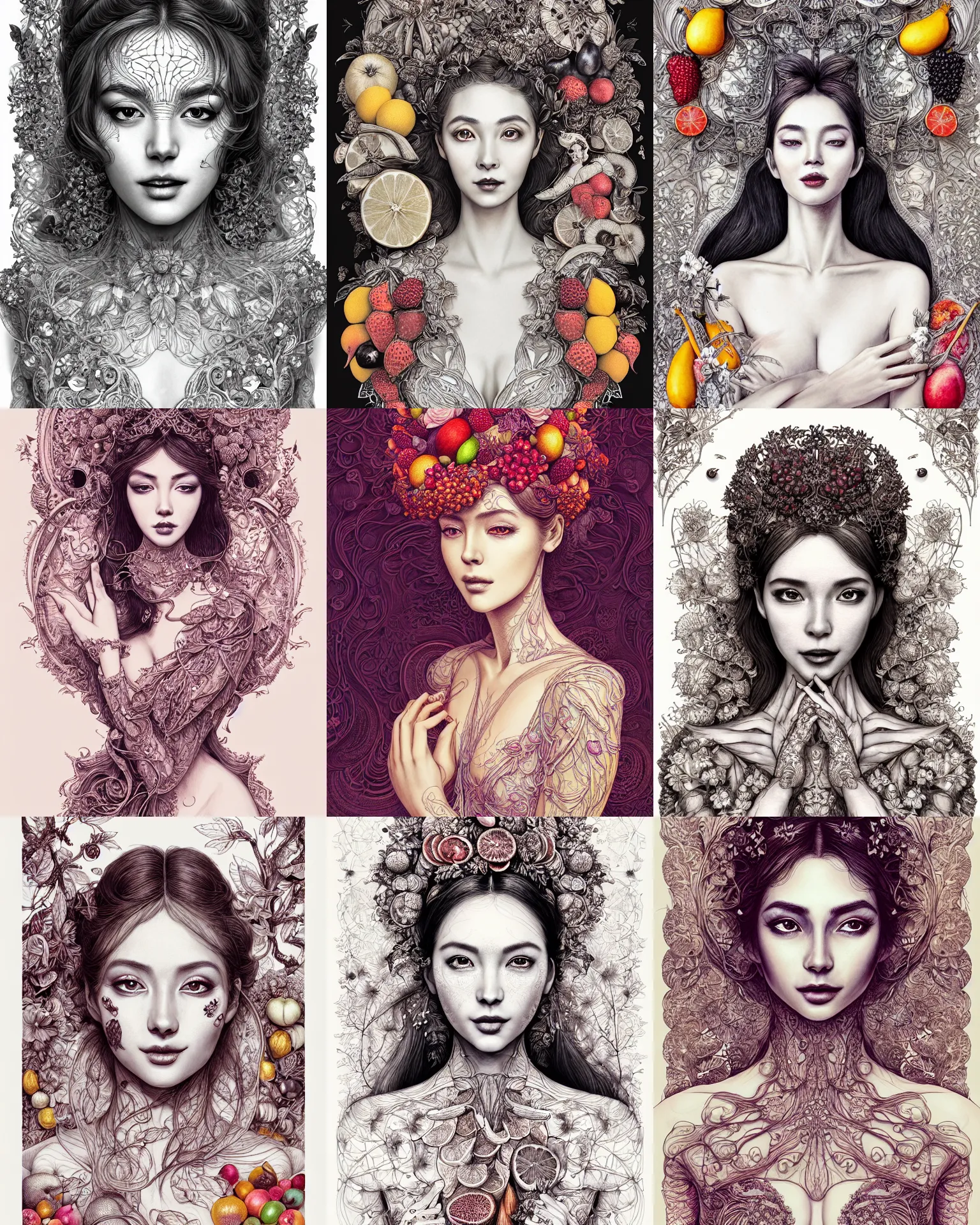 Prompt: the portrait of an absurdly beautiful, graceful, elegant, and perky woman made of fruits, an ultrafine detailed illustration by vania zouravliov, rossdraws, irakli nadar, intricate linework, bright colors, final fantasy, behance contest winner, angular, unreal engine 5 highly rendered, global illumination, radiant light, detailed and intricate environment