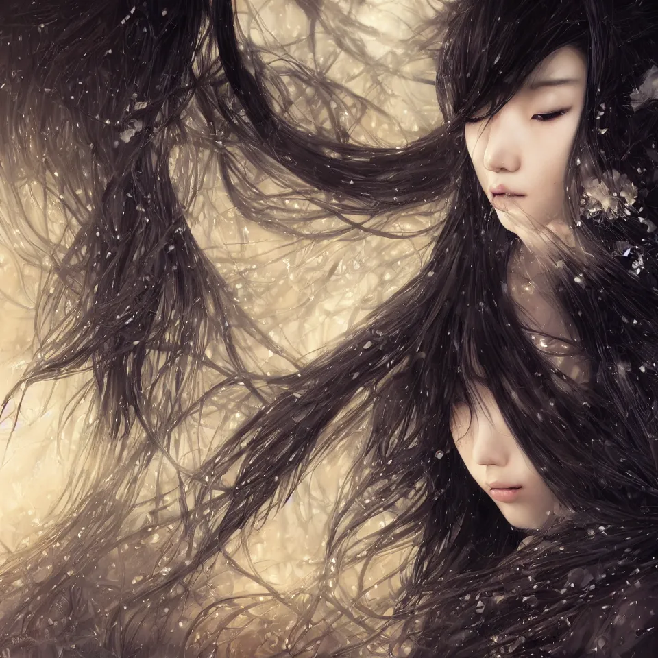Image similar to a beautiful detailed photography illustration of an attractive japanese female with long black hair covering part of her face, centered, glamour portrait from the waist up, by karol bak and beeple, trending on artstation and deviantart and behance, extreme detailing, dim dusk lighting, cinematic lighting, detailed lighting, volumetric lighting, realistic, f 8, 4 k hd wallpaper