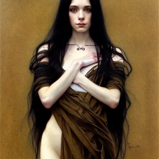 Image similar to portrait of a beautiful, pale skin, female with long black hair, dark, piercing eyes, gentle expression, elegant clothing, photorealistic, highly detailed, artstation, smooth, sharp focus, art by gustav klimt, artgerm, greg rutkowski and alphonse mucha