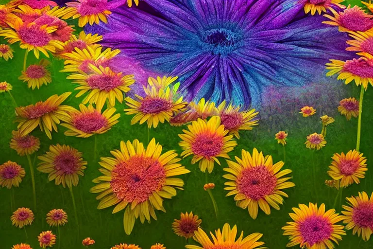 Prompt: beautiful field of giant gerber daisy flowers digital illustration by dr. seuss : 1 | vibrant, spectral color, colorful, macrophotography, surreal psychedelic megaflora forest by beeple : 1