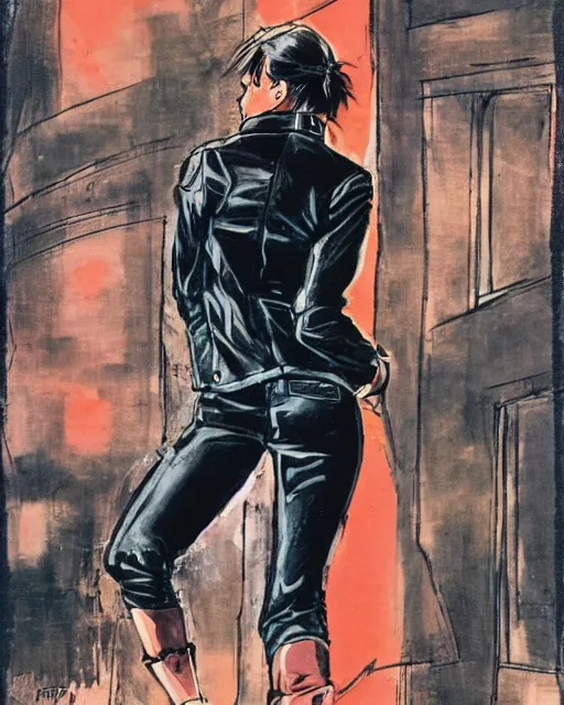 Image similar to young female protagonist in leather jacket, city street, artwork by frank miller