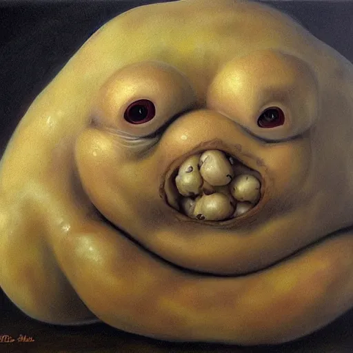 Prompt: an ultra realistic surrealism painting of the soul of potatoes by jabba the hut