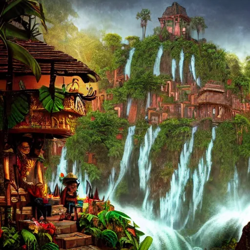 Image similar to aztec jungle village, ornate, beautiful, atmosphere, mist, vibe, smoke, beautiful, rain, reflection, pristine, puddles, waterfall, melting, dripping, wild look, mattepainting concept blizzard pixar maya engine splash comics global illumination lighting artstation, sharp focus, norman rockwell