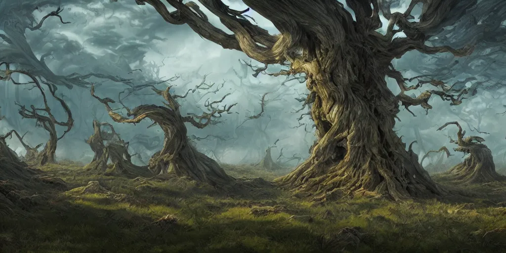 Image similar to swaths of leaned or keeled over windswept trees, no visible soil, high quality fantasy art, 4k