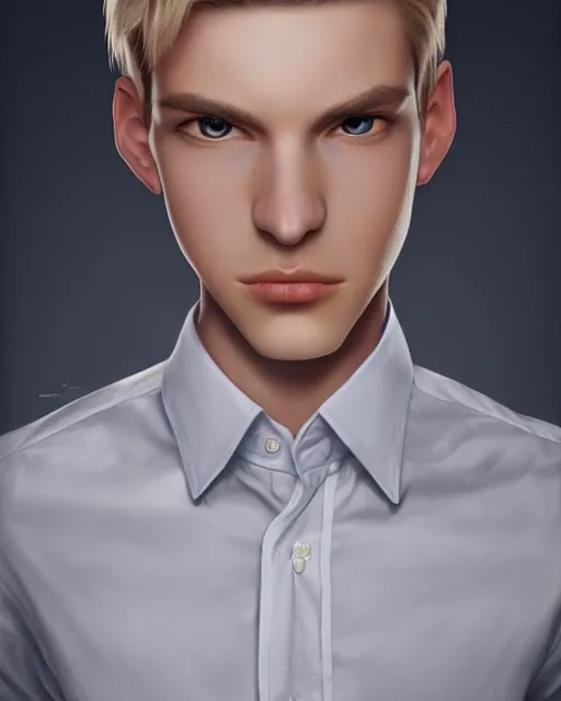 Image similar to portrait of 1 5 - year - old boy, a tall, slender boy with a pale, pointed face, sleek blond hair, and ice grey eyes, wearing in shirt, hyper realistic face, beautiful eyes, character art, art by mark brooks, trending on artstation, digital art