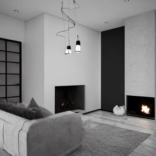 Image similar to cosy fireplace, modern home design interior, living room with couches, octane render, hyperrealistic, concrete archetecture, vray, volumetric lighting, cinema 4 d, unreal engine