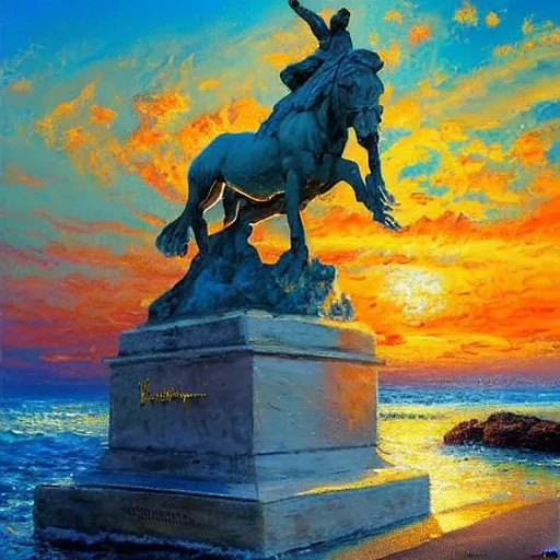 Image similar to acrylic painting, impressionism and expressionism, strong emotional impact, bold pastel colors, expressive brushstrokes. by peter mohrbach and mark keathley. fantasy illustration of the shore of the island of monuments and statues. spectacular sunset, stone monuments on the beach. beautiful and vivid trending on artstation hq 8 k contest winner # wow