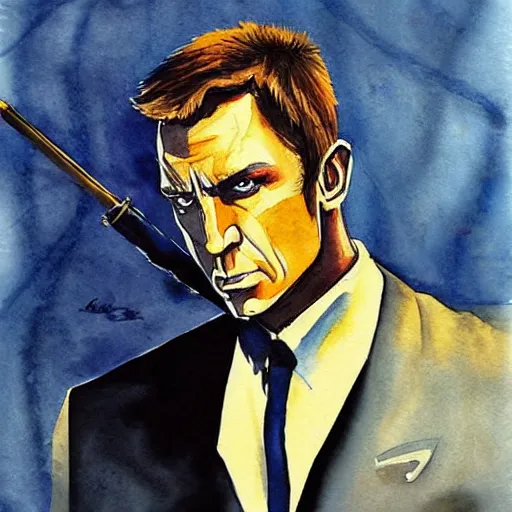 Prompt: James Bond ninja aquarelle painting