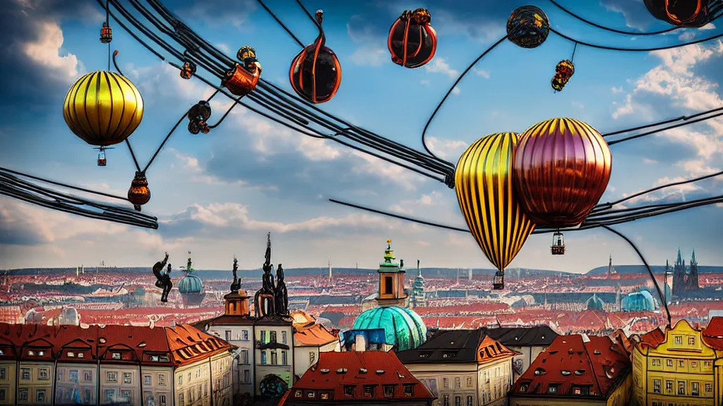 Image similar to large colorful futuristic space age metallic steampunk steam - powered balloons with pipework and electrical wiring around the outside, and people on rope swings underneath, flying high over the beautiful prague city landscape, professional photography, 8 0 mm telephoto lens, realistic, detailed, photorealistic, photojournalism