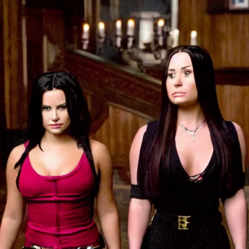 Image similar to Demi Lovato as Piper Halliwell and Selena Gomez as Phoebe Halliwell and Ariana Grande as Prue Halliwell in a Charmed movie directed by Christopher Nolan, movie still frame, promotional image, imax 35 mm footage