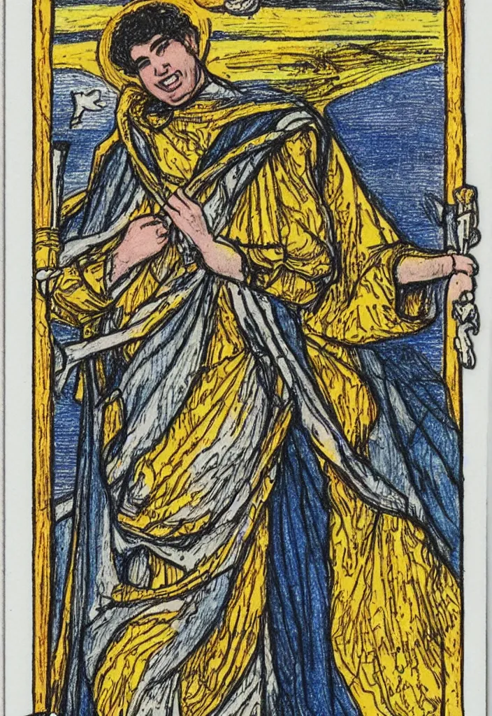 Image similar to Yoshua Bengio smiling drawn on the Tarot card. Illustration by preraphaelists.