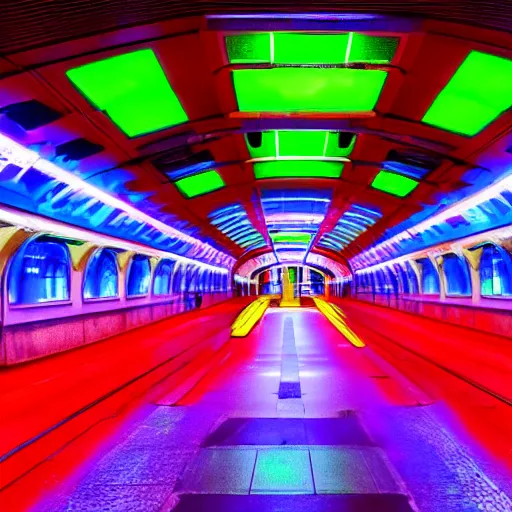 Image similar to underground train station, futuristic, neon colours, highly saturated, high def, 8 k, hd, highly detailed,