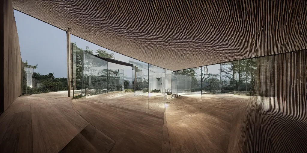 Image similar to Architectural photography of beautiful nature meets architecture concept of a residential house by Kengo Kuma, volumetric lighting,, luxury, high detail, 14mm, cinematic photography, archdaily, high resolution