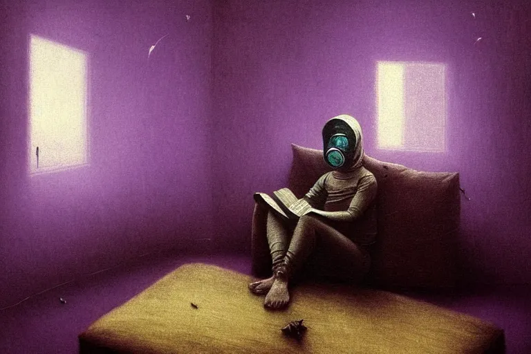 Image similar to girl with wearing a gas mask lying on the sofa reading a book in her room, in the style of beksinski, peaceful, calm, ambient, dreamy, intricate and epic composition, purple by caravaggio, insanely quality, highly detailed, masterpiece, purple light, artstation, 4 k