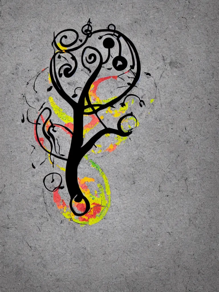 Prompt: centered minimal silhouette art of an acorn growing into a tree in the shape of a treble clef, with a big scar down the middle of the tree, bursts of color, inspire and overcome to become beautiful treble clef, playful