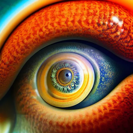 Image similar to hyper realistic photograph of a marble statue of the human eye in the shape of snail shell, space background, unlimited detail, colored, space, dragon, intricate, detail, phoenix, orange