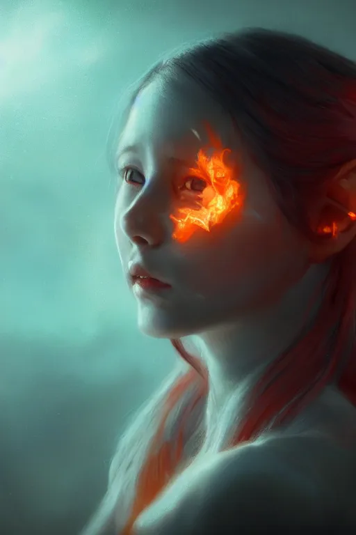 Image similar to a fancy portrait of a young Demon girl with her left eye in a coloured flame's by Greg Rutkowski, Sung Choi, Mitchell Mohrhauser, Maciej Kuciara, Johnson Ting, Maxim Verehin, Peter Konig, final fantasy , 8k photorealistic, cinematic lighting, HD, high details, atmospheric , trending on artstation