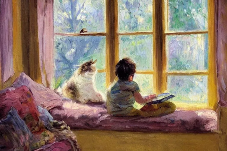 Prompt: impressionist oil painting with broad pallet knife, luminous muted colors, a bay window with comfy cushions, side view. a child reads a book and a mainecoon kitten sleep contentedly. the room is dark with sun from the window highlighting the child.