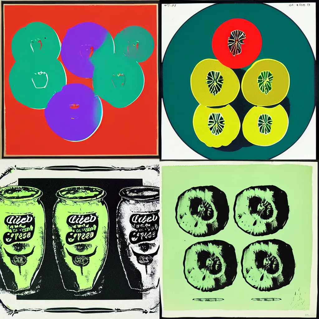 Prompt: “sliced green tomatoes screenprint by Andy Warhol, color”