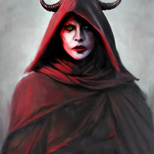 Prompt: masterpiece portrait of a surly and resentful female tiefling thief with horns wearing a black hooded cloak and a thief's leather garb, crimson crimson crimson skin pigmentation, black eyes, by Greg Rutkowski, as seen on ArtStation, 4k, dungeons and dragons, very aesthetic, very detailed, intricate, unreal, fantasy, dramatic, painterly, artstation, sharp focus, smooth