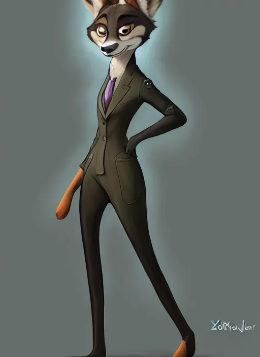 Image similar to oil painting of detailed full body of anthromorphic female wolf, in style of zootopia, zootopia, zootopia, fursona, furry, furaffinity, 4 k, deviantart, furry art, fursona art, wearing black business suit, business suit, in style of zootopia, wolf fursona, cyberpunk, female, expressive detailed feminine face,