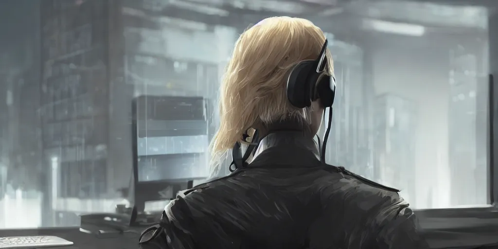 Image similar to closeup of An anonymous blonde guard seen from the back sitting in front of a cyberpunk dystopian desk with matrix falling text cyberpunk, artstation