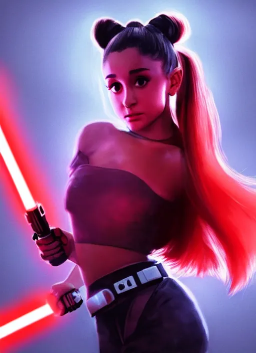 Image similar to Photo of Ariana Grande with a red lightsaber, Star Wars concept art, trending on artstation, dramatic lighting, photo-realistic