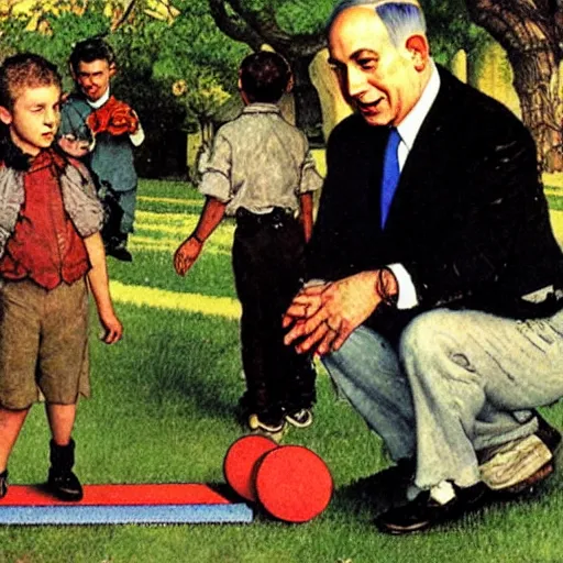 Image similar to benjamin netanyahu playing hopscotch in a public park, by norman rockwell