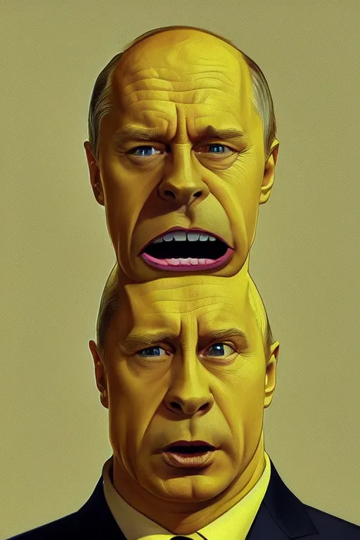 Image similar to vladimir putin as a yellow funny homer simpson, realistic portrait, symmetrical, highly detailed, digital painting, artstation, concept art, smooth, sharp focus, illustration, cinematic lighting, art by artgerm and greg rutkowski and alphonse mucha