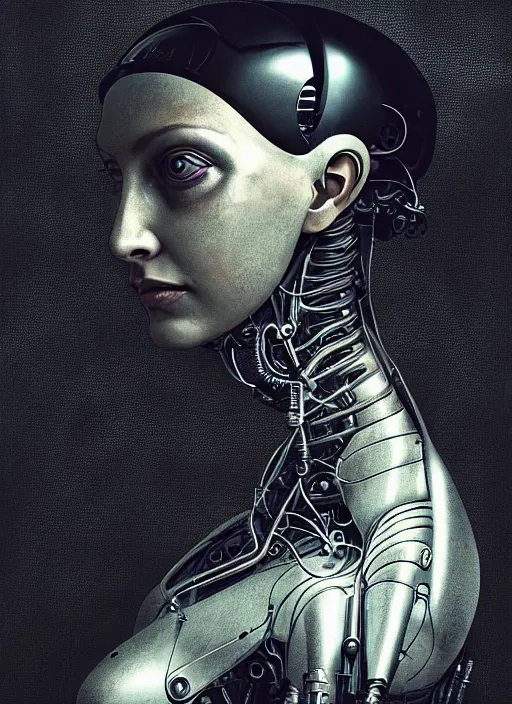 Image similar to a young beautiful female cyborg profile face, by h. r. giger, by ismail inceoglu, by kiki smith, glamor shot, vintage, closeup, f / 2. 8, low contrast, 1 6 k, rim lighting, cinematic lighting, insanely detailed and intricate, hypermaximalist, elegant, ornate, hyper realistic, super detailed