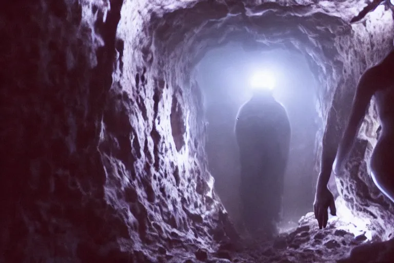 Prompt: VFX movie closeup of a futuristic inhuman monster in underground cave by Emmanuel Lubezki