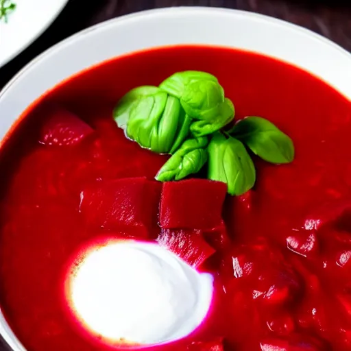 Image similar to a bowl of borscht wearing cat ears, award winning food photo, 4 k, delicious, polish food, high quality