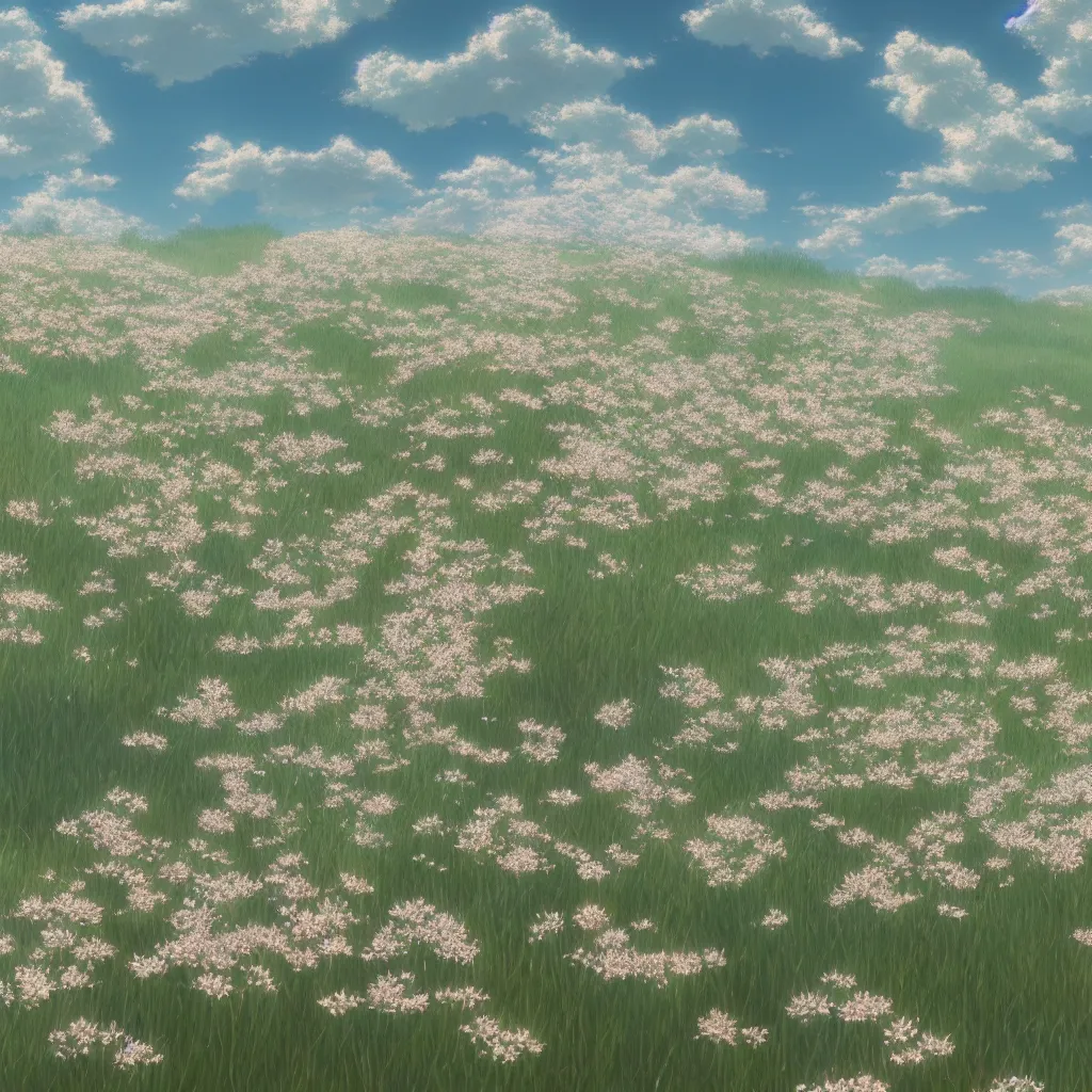 Image similar to film still of a field of delicate dainty blossoms, makoto shinkai, cinematic lighting, sunny, highly detailed, hand drawn, intricate, illuminated, 8k