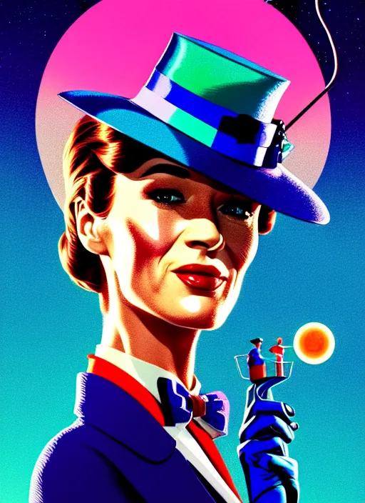 Prompt: retrofuturistic portrait of mary poppins, gradient space graphics in background, close up, quint buchholz, wlop, dan mumford, artgerm, liam brazier, peter mohrbacher, raw, featured on artstation, octane render, cinematic, elegant, intricate, 8 k