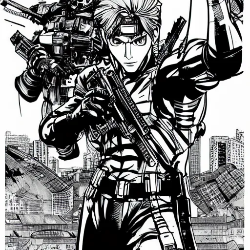 Image similar to Metal Gear Solid tech mage graphic novel highly detailed pen and ink Gantz by Kishimoto and Moebius clean simple line art