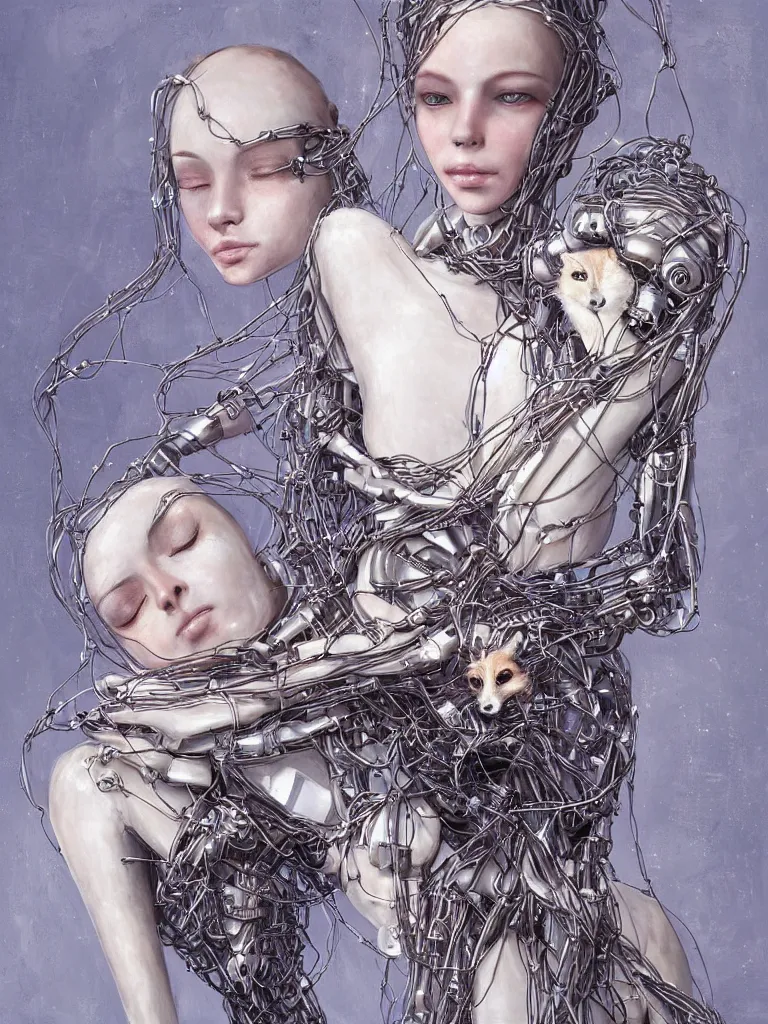 Prompt: portrait of a beautiful female android robot holding a sleeping fox in her arms, there are wires coming from her heart, tangled and entwined with her long flowing hair, mecha, biopunk, skeletal, bones, by Kenne Gregoire