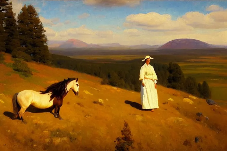 Prompt: scenic western mountain landscape with wild horses and a woman in a long white traditional dress, Anna Ancher & Peder Severin Krøyer, beautifully daylight, artstation