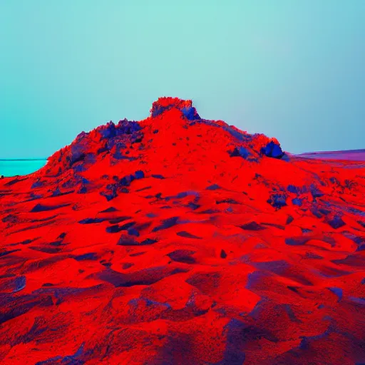 Prompt: island made of blue and red light