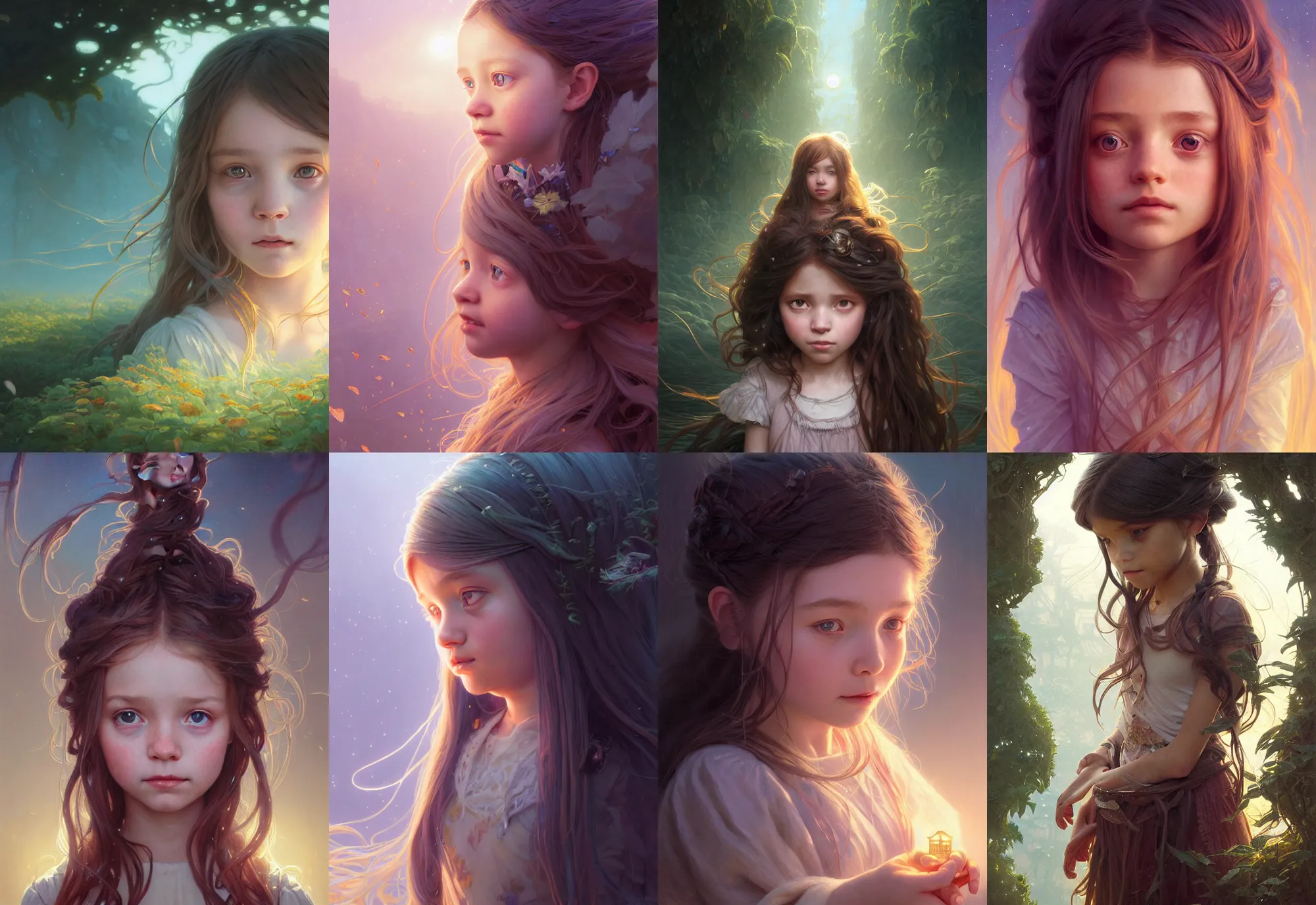 Image similar to highly detailed portrait of a little girl with long hairs, stephen bliss, unreal engine, fantasy art by greg rutkowski, loish, rhads, ferdinand knab, makoto shinkai and lois van baarle, ilya kuvshinov, rossdraws, tom bagshaw, alphonse mucha, global illumination, radiant light, detailed and intricate environment