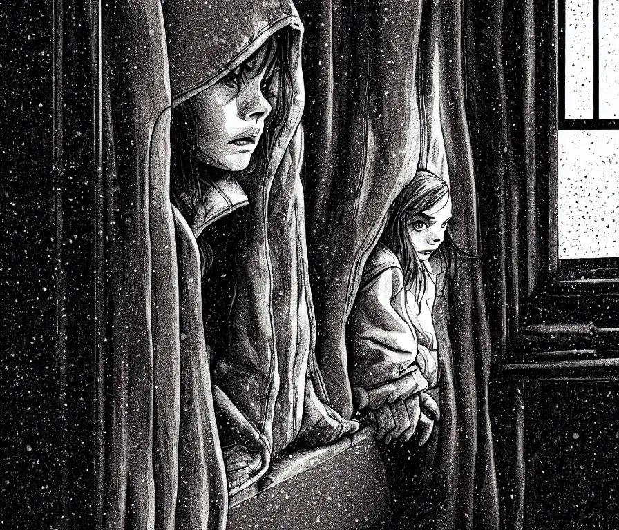 Image similar to sadie sink in hoodie sits on windowsill, knees tucked in | rain falls at night : storyboard, scifi cyberpunk. by joe alves, chris bonura, gabriel hardman. cinematic atmosphere, detailed and intricate, perfect anatomy