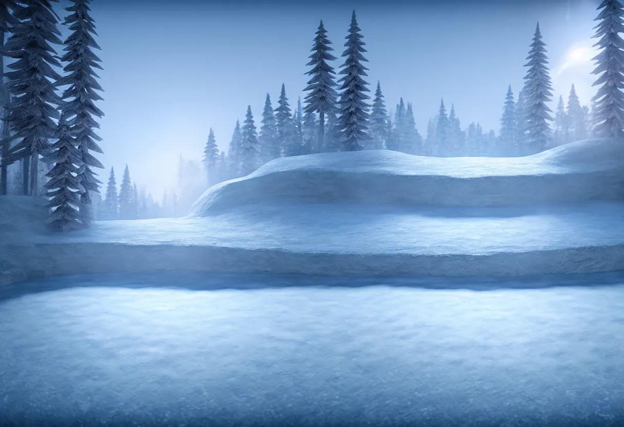 Image similar to inside of flowing frozen lake winter landscape of imagination, matte painting, beautiful render, octane render, concept art