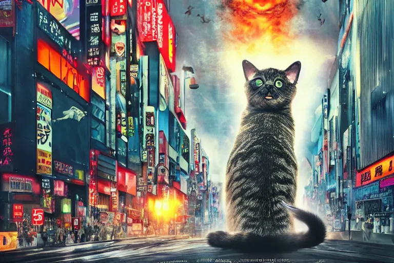 Image similar to cat attacking Tokyo, disaster movie poster, masterpiece, masterwork, cgstudio