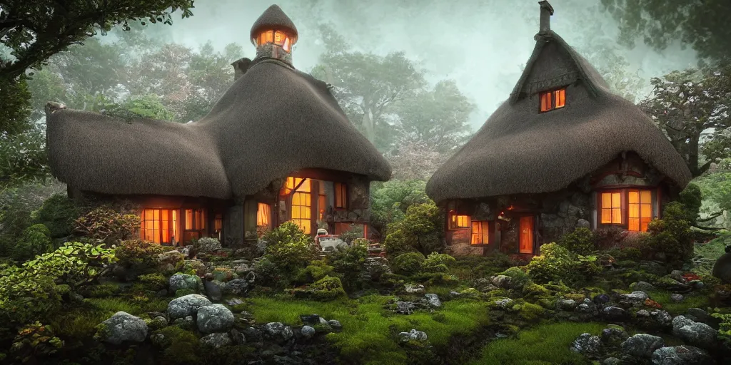 Prompt: Enchanted Irish cottage in a Bonsai garden, richly colored ominous fantasy by Tang Sin Yun, featured on artstation, 3D, digital art, insanely detailed, octane render, unreal engine