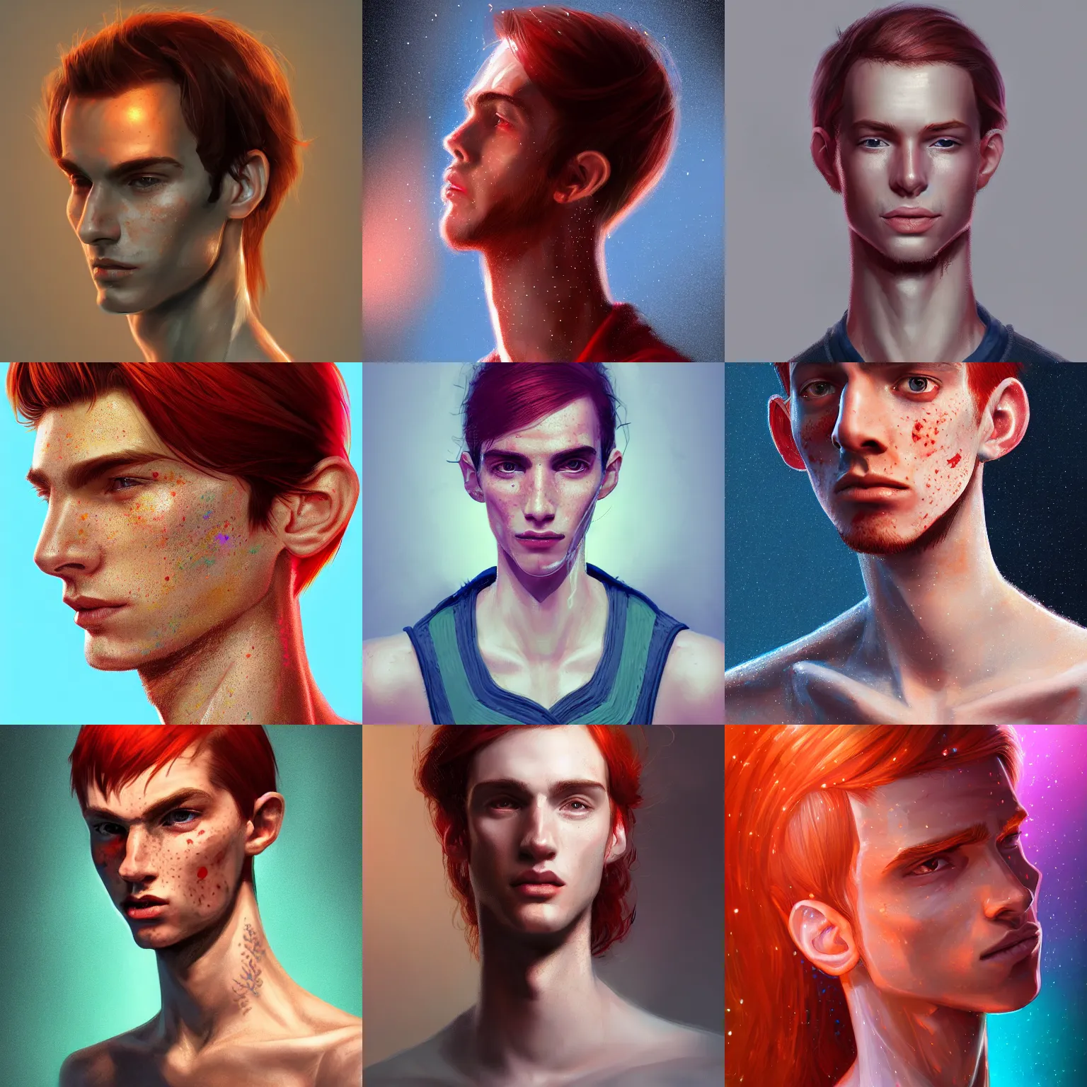 Prompt: portrait of a thin young man with long red hair, ponytail, a lot of freckles on his faceglowing lighting, intricate, elegant, glowing lights, highly detailed, digital painting, artstation, concept art, smooth, sharp focus, illustration