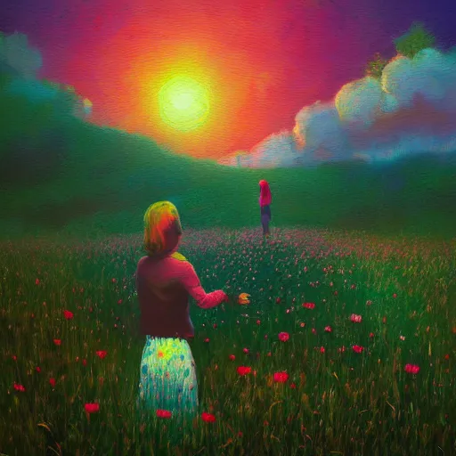 Prompt: girl with an blooming flower face, surreal photography, dream, standing in flower field, hills, valley, forest, sunrise dramatic light, impressionist painting, colorful clouds, digital painting, pointillism, artstation, simon stalenhag