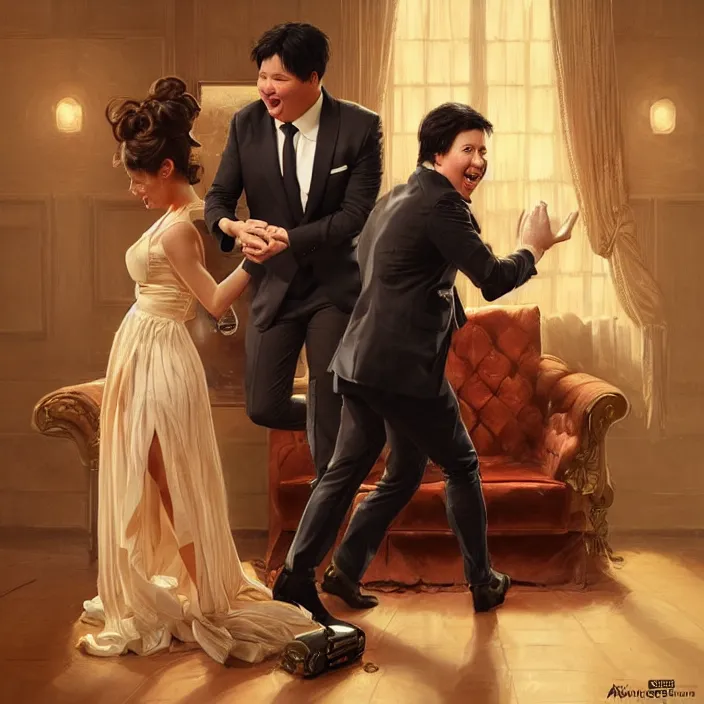 Prompt: portrait of michael mcintyre leaving on a sofa with a singing waitress, elegant, real life skin, intricate artwork, high detailed, artstation, concept art, smooth, sharpz focus, art by artgerm and greg rutkowski