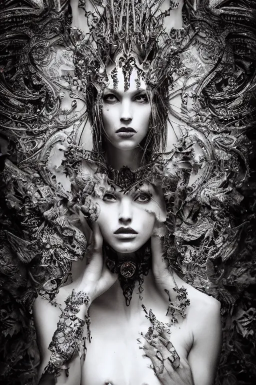 Prompt: a portrait of female model by stefan geselle and nekro borja, photorealistic, intricate details, hyper realistic, dark fantasy, ornate headpiece, dark beauty, photorealistic, canon r 3, photography, wide shot, photography, dark beauty, symmetrical features, wide angle shot, whole body, full body shot, 3 / 4 shot