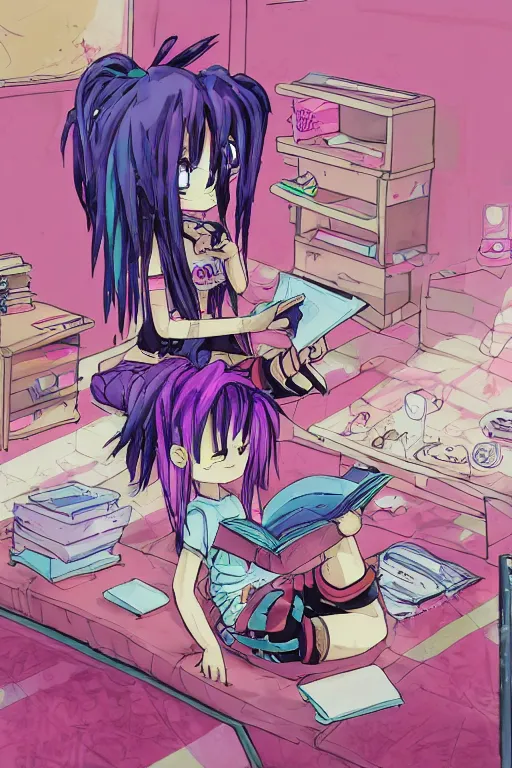 Prompt: concept art painting of a chibi anime cybergoth girl with pink dreads on the floor reading a book in a cluttered 9 0 s bedroom, chibi anime, artgerm, inio asano, toon shading, cel shading, calm, tranquil, vaporwave colors,