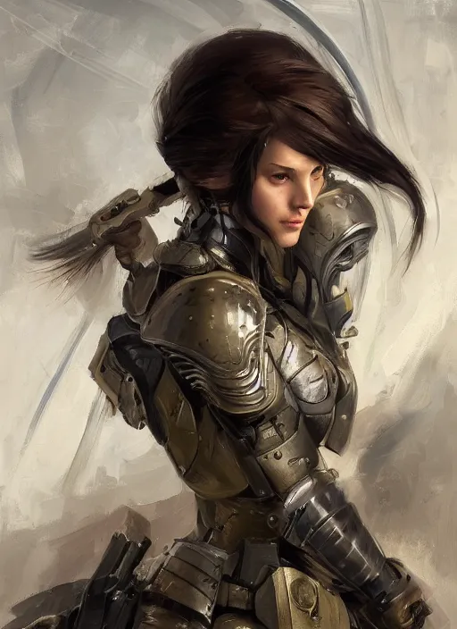 Image similar to a professional painting of a beautiful young female, clothed in military armor, olive skin, long dark hair, beautiful bone structure, symmetrical facial features, intricate, elegant, digital painting, concept art, smooth, sharp focus, illustration, from Metal Gear, by Ruan Jia and Mandy Jurgens and Artgerm and William-Adolphe Bouguerea